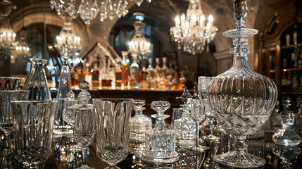 Crystal decanters gleam, reflecting grandeur in the opulent ambiance.