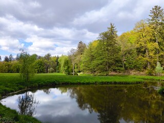 a lake in the middle of a forest park