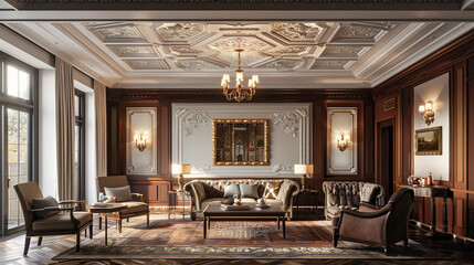 Fototapeta na wymiar Ornate ceiling moldings frame the room, a testament to bygone craftsmanship.