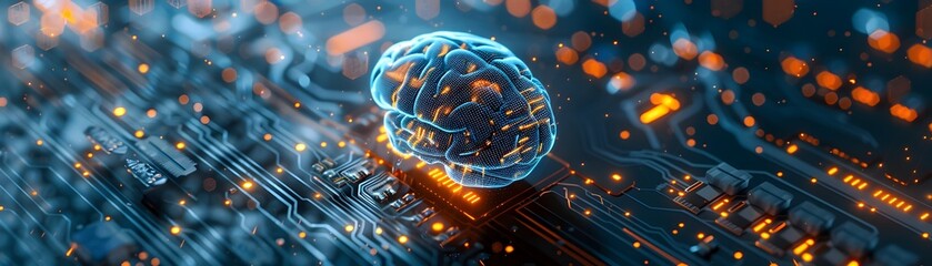 Glowing Artificial Intelligence Brain on Intricate Circuit Board Depicting Digital Technology Concept