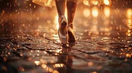 Ballet slippers on a moist cobblestone surface, under streaks of warm light, capture the essence of performance and elegance in motion.