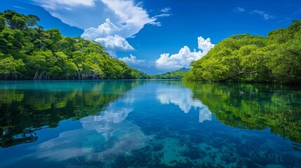 A tranquil lagoon fringed by mangrove forests, with clear blue waters reflecting the lush greenery and blue skies above.