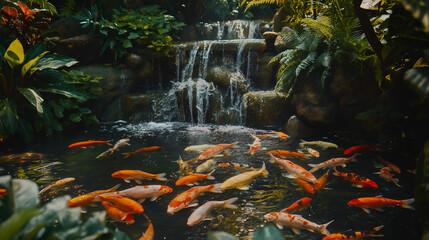 Fototapeta na wymiar A peaceful and serene koi fish pond including a small waterfall surrounded by rich green foliage, evoking a sense of tranquility and beauty