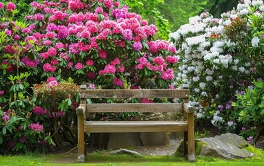 Tranquil Park Bench with Blooming Rhododendrons