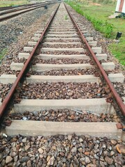 Rail track close up photo. Train track