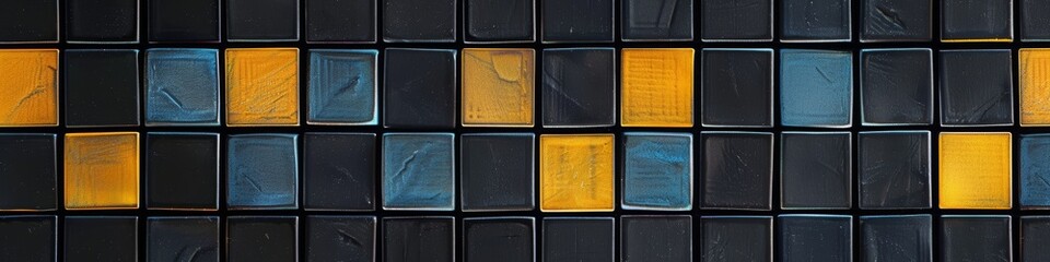 Fototapeta premium A black background with yellow, white and blue horizontal stripes of different sizes. A simple pattern of rectangular tiles in the style of art deco.