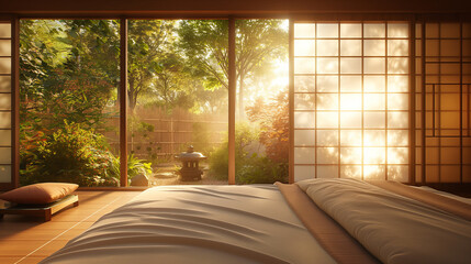 A warm and calming traditional Japanese room with a stunning view of the sunlit garden
