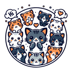 Circle of Friendship: Delightful Cartoon Kittens with Speech Bubbles and Hearts