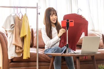 Portrait of beautiful owner asian woman freelancer sme business online shopping working and use...