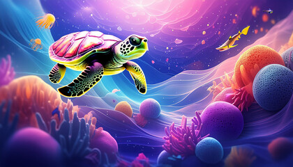 Beautiful sea turtle with coral reef background, AI generated