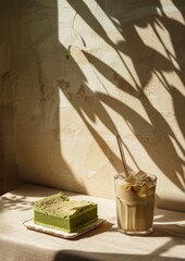 Square piece of matcha cake sat on the table with coffee