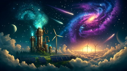 Eco-friendly steampunk city with windmill concept in a beautiful landscape background