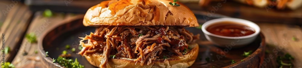 Wall mural Succulent Pulled Pork, Slow Cooker Delight on Hamburger Bun Plate