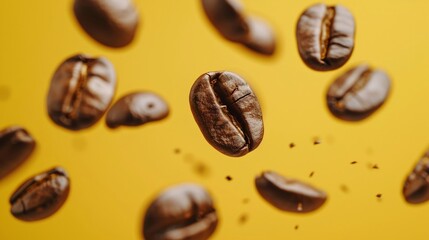 A dynamic shot of roasted coffee beans bouncing on a bright yellow background, showcasing the energy and aroma of a premium blend