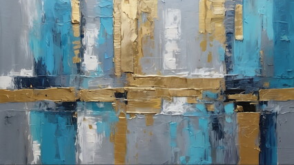 Abstract Oil Painting Palette Knife Technique, geometric shape on blue, grey, and gold colors