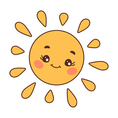 Cute doodle sun character, weather sign temperature. Shining yellow sun kawaii character. Simple flat style design isolated on White Background. Vector illustration