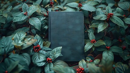 Captivating Black Book Cover Mockup Amidst Vibrant Foliage and Berries - obrazy, fototapety, plakaty