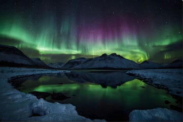 Obraz premium Amazing view of the aurora borealis, northern lights reflected in a lake. 