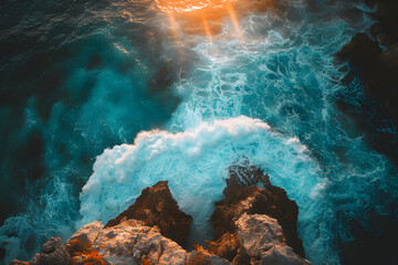 Spectacular top view of ocean waves crashing on rocky cliffs with a beautiful sunset in the background.