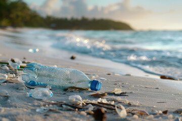 Plastic waste bottle on the beach, environmental problems