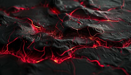 A bold abstract composition with a network of crimson lines crackling across a jet black canvas, like veins of molten lava  