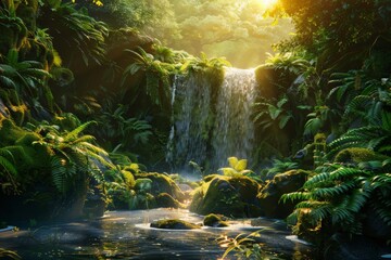 A breathtaking landscape photo of a cascading waterfall surrounded by lush green ferns and mosscovered rocks, bathed in the warm glow of a sunrise 