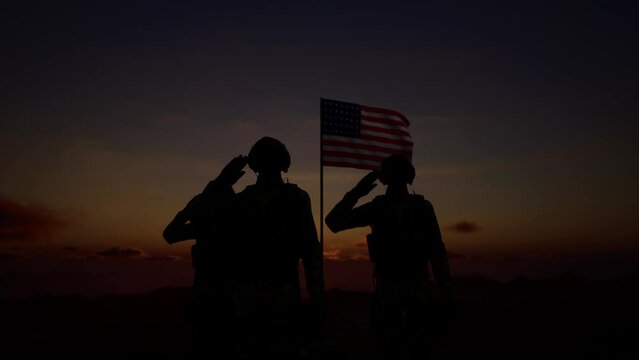 Silhouette Of A Soldier With The American Flag Stands Against The Background Of A Sunset Or Sunrise. Concept Of National Holidays. Commemoration Day