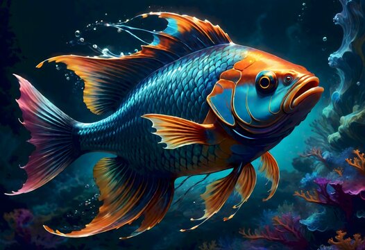 Vibrant fish swimming in the sea, beautiful blend of orange and blue hues, marine life in a unique and artistic way, Generative AI.