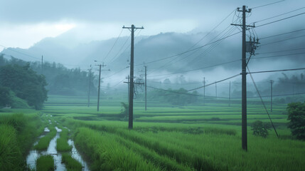A serene landscape depicting the intersection of nature and man-made structures, with electric poles standing tall in a misty green field
