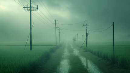 Fototapeta na wymiar Rice fields in a rural landscape flanked by electricity poles offer a blend of agricultural practice and modern amenities