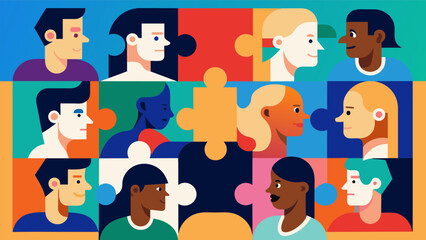 A mosaic composed of small puzzle pieces in different colors and patterns coming together to form a larger picture of people from diverse backgrounds. Vector illustration