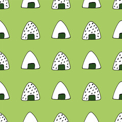 Seamless pattern with tasty onigiri on light green background. Vector image.