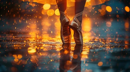 Pointe shoes stand firm on glistening pavement, their silhouette bathed in amber rays narrate stories of grace and discipline in dance. - obrazy, fototapety, plakaty