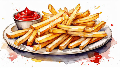 Watercolor illustration of French fries and bowl of ketchup. Tasty fast food. Delicious meal.