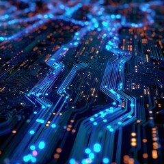 Obraz premium A circuit board with glowing binary code flowing across its surface, resembling a digital river, symbolizing the interconnectedness of blockchain technology 