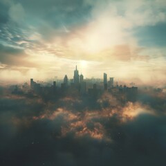 A city skyline emerging from a hazy watercolor fog, sunlight peeking through, creating a sense of mystery 