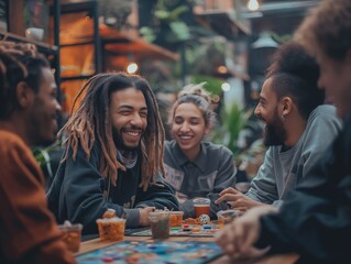 A group of people are sitting around a table playing a board game. They are all smiling and having a good time