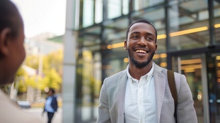 Business casual man smiling and welcoming a colleague outside a contemporary office, embodying professional dynamism. Guy waving to a friend