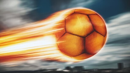 Socker ball on fire in flight, dynamic illustration, against the background of a football stadium, championship 2024