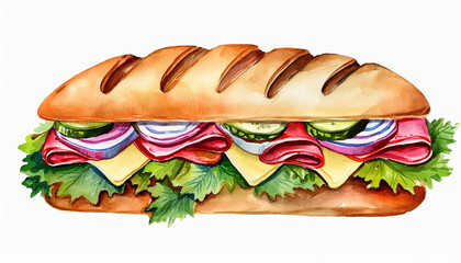 Watercolor illustration of sandwich with meat, vegetables, pickles and cheese. Tasty fast food.