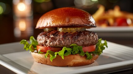 In a scene of culinary perfection, a deluxe hamburger is elegantly presented on a sleek, modern...
