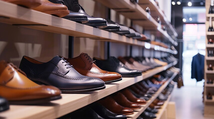 Fashion-forward men's footwear displayed amidst chic women's shoe selections online. - obrazy, fototapety, plakaty