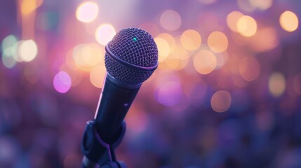 Close-up of a microphone against a blurred concert crowd, capturing the essence of live music events.