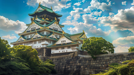 Obraz premium Radiant sunbeams illuminate the historic Osaka Castle, evoking a sense of awe and history