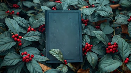 Intriguing Book Cover Mockup Against a Backdrop of Rich Green Leaves and Red Berries - obrazy, fototapety, plakaty