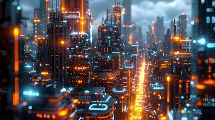 Naklejka premium Sprawling Futuristic Cityscape with Towering Metallic Structures,Captivating Neon Accents,and a Sense of Technological Grandeur