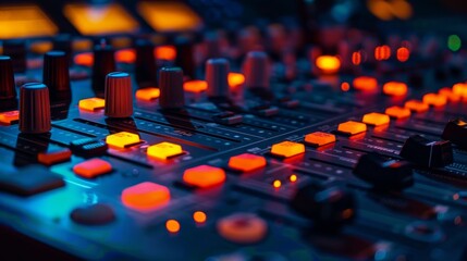 Obraz premium Close-up of a soundboard with illuminated buttons and sliders, depicting audio control in a professional setting.