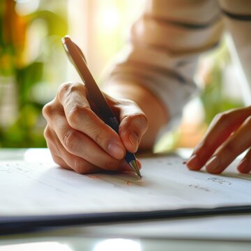 Close-up of a person's hand writing with a pen on paper, capturing the action of planning or note-taking in natural light.