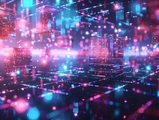 Surreal Futuristic Technology Landscape with Floating Data Cubes,Holographic Displays,and Cascading Binary Code