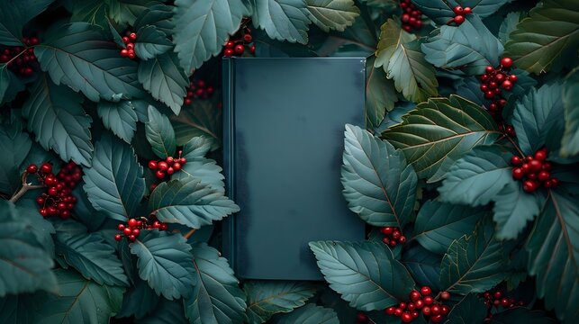 Intriguing Book Cover Mockup Against a Backdrop of Rich Green Leaves and Red Berries